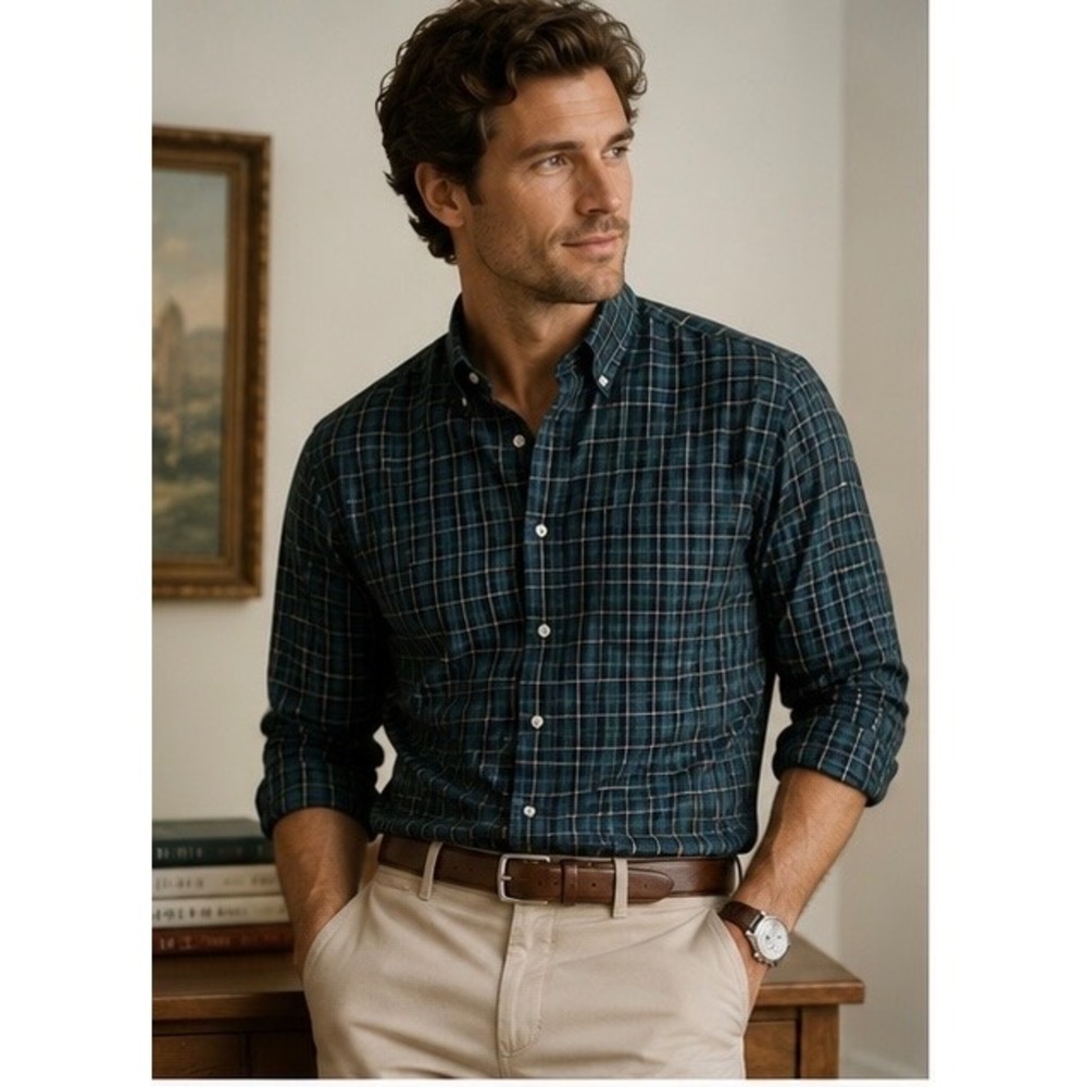 Polo Ralph Lauren Mens XL Custom Fit Plaid Button Down Shirt Green Blue Cotton
